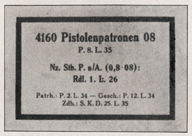 [Figure 100. Label for model 08 pistol cartridges (Pistolenpatronen 08). Model 08 pistol cartridges are the regular ammunition for the Luger, the Walther, and the M.P. 38 and 40; this label is pale blue with black printing.)]